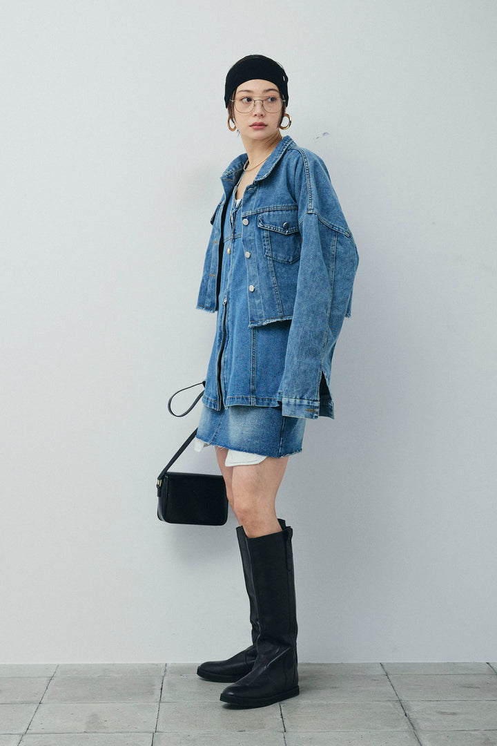 [予約/SET]カットオフショートデニムジャケット+フロントダブルジップデニムビスチェ+デニムミニスカート(3set)