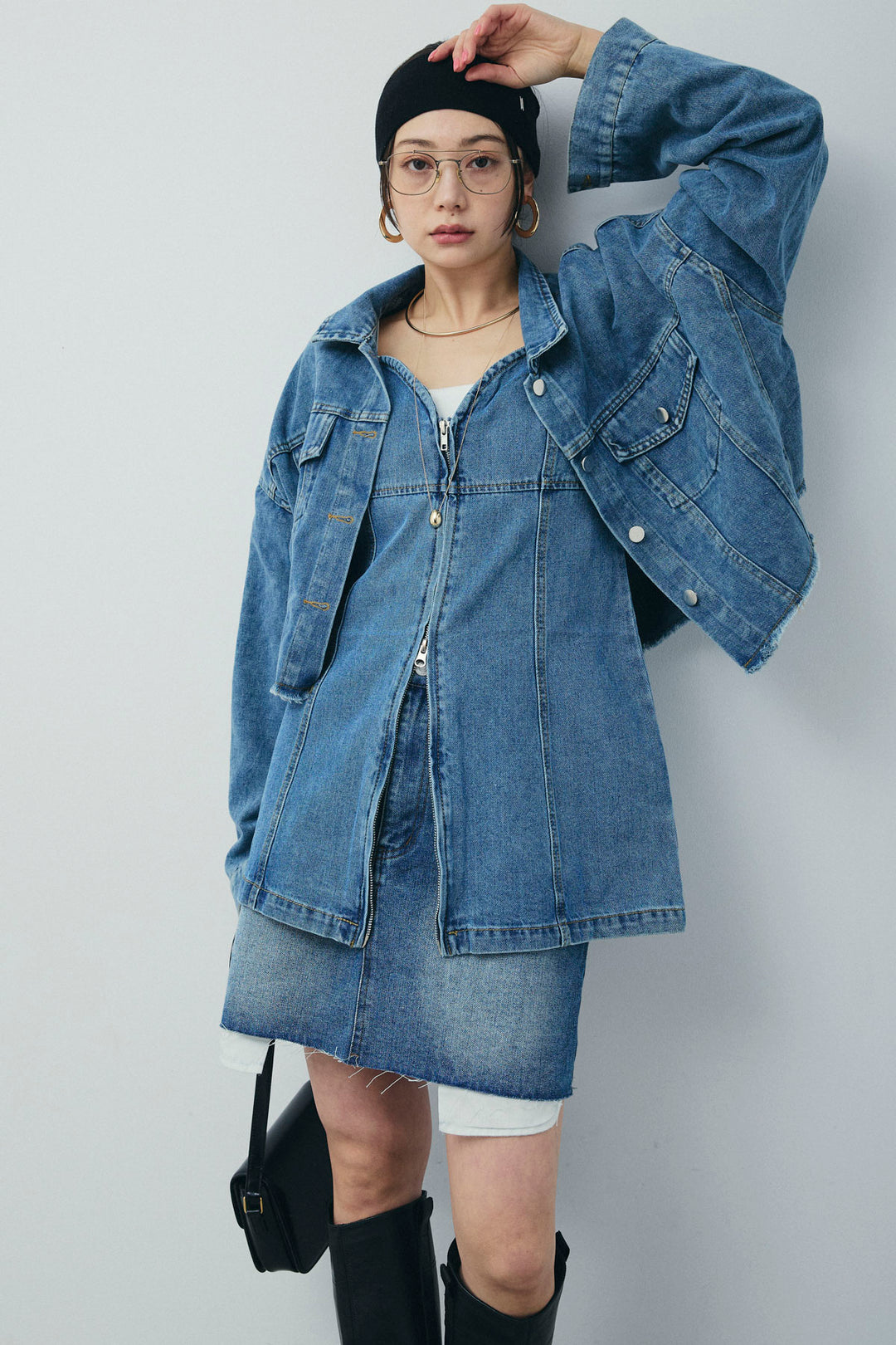 [予約/SET]カットオフショートデニムジャケット+フロントダブルジップデニムビスチェ+デニムミニスカート(3set)