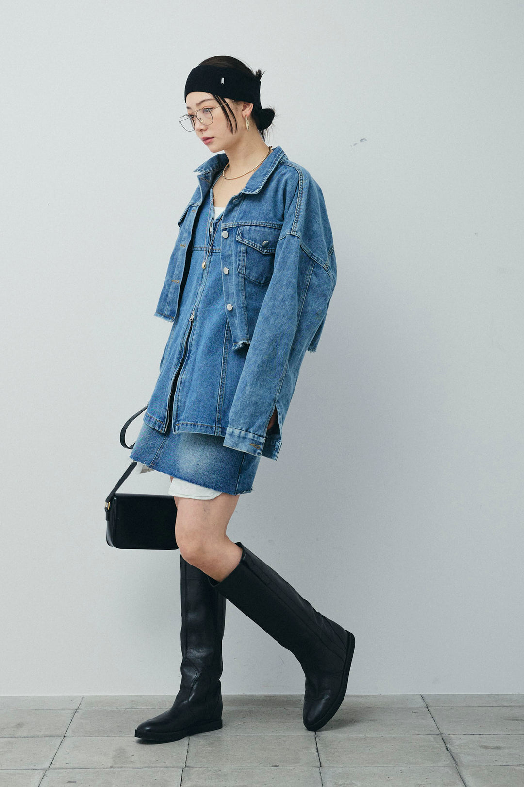 [予約/SET]カットオフショートデニムジャケット+フロントダブルジップデニムビスチェ+デニムミニスカート(3set)