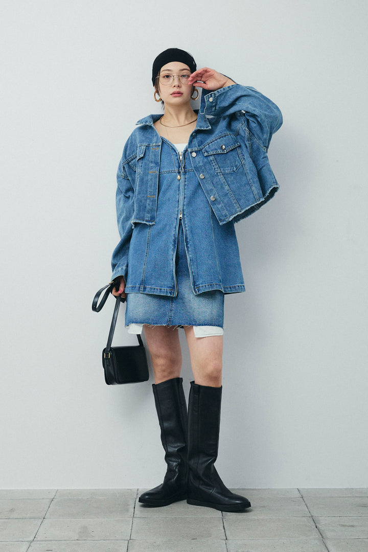 [予約/SET]カットオフショートデニムジャケット+フロントダブルジップデニムビスチェ+デニムミニスカート(3set)