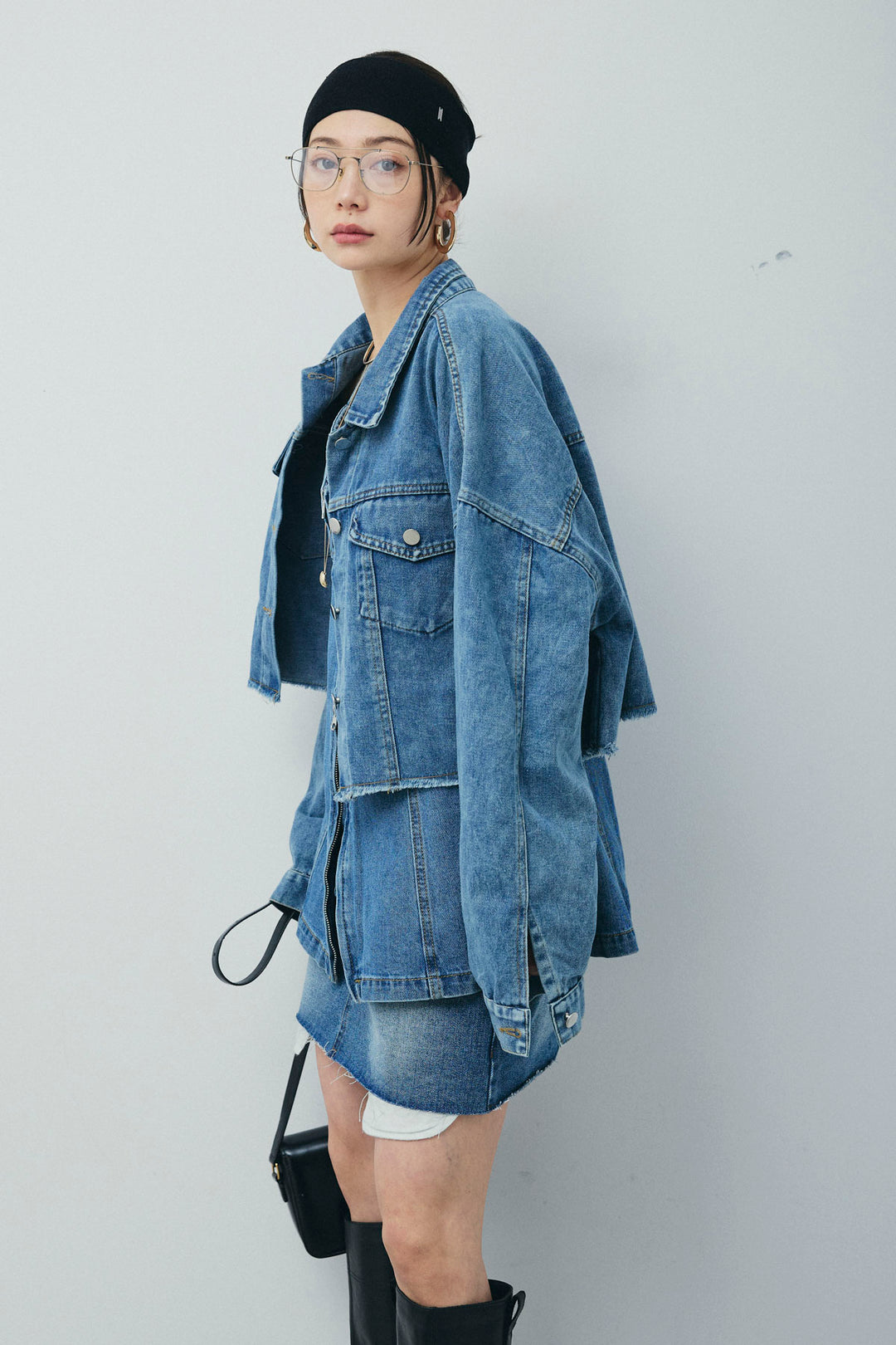 [予約/SET]カットオフショートデニムジャケット+フロントダブルジップデニムビスチェ+デニムミニスカート(3set)