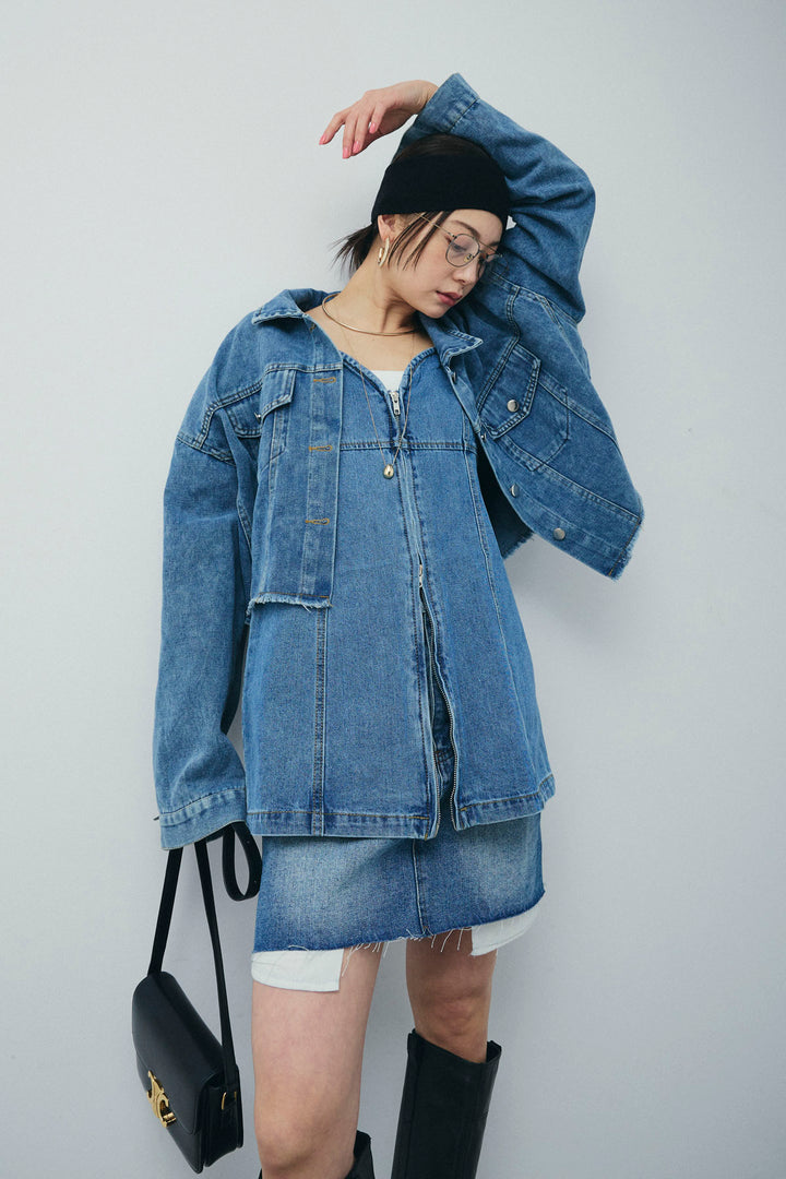 [予約/SET]カットオフショートデニムジャケット+フロントダブルジップデニムビスチェ+デニムミニスカート(3set)