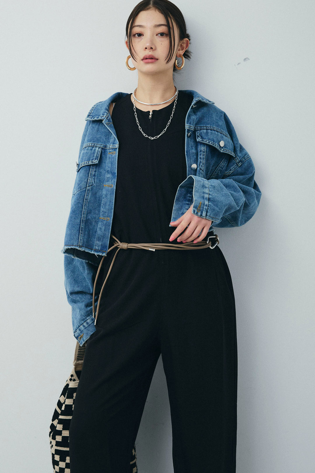 [予約/SET]カットオフショートデニムジャケット+アメリカンスリーブオールインワン(2set)