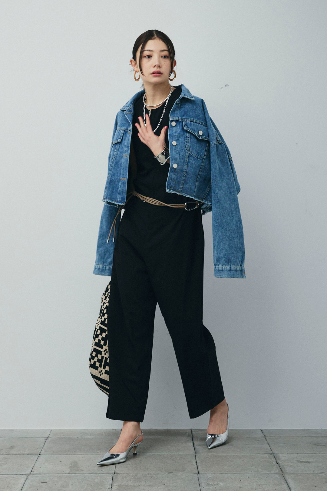 [予約/SET]カットオフショートデニムジャケット+アメリカンスリーブオールインワン(2set)