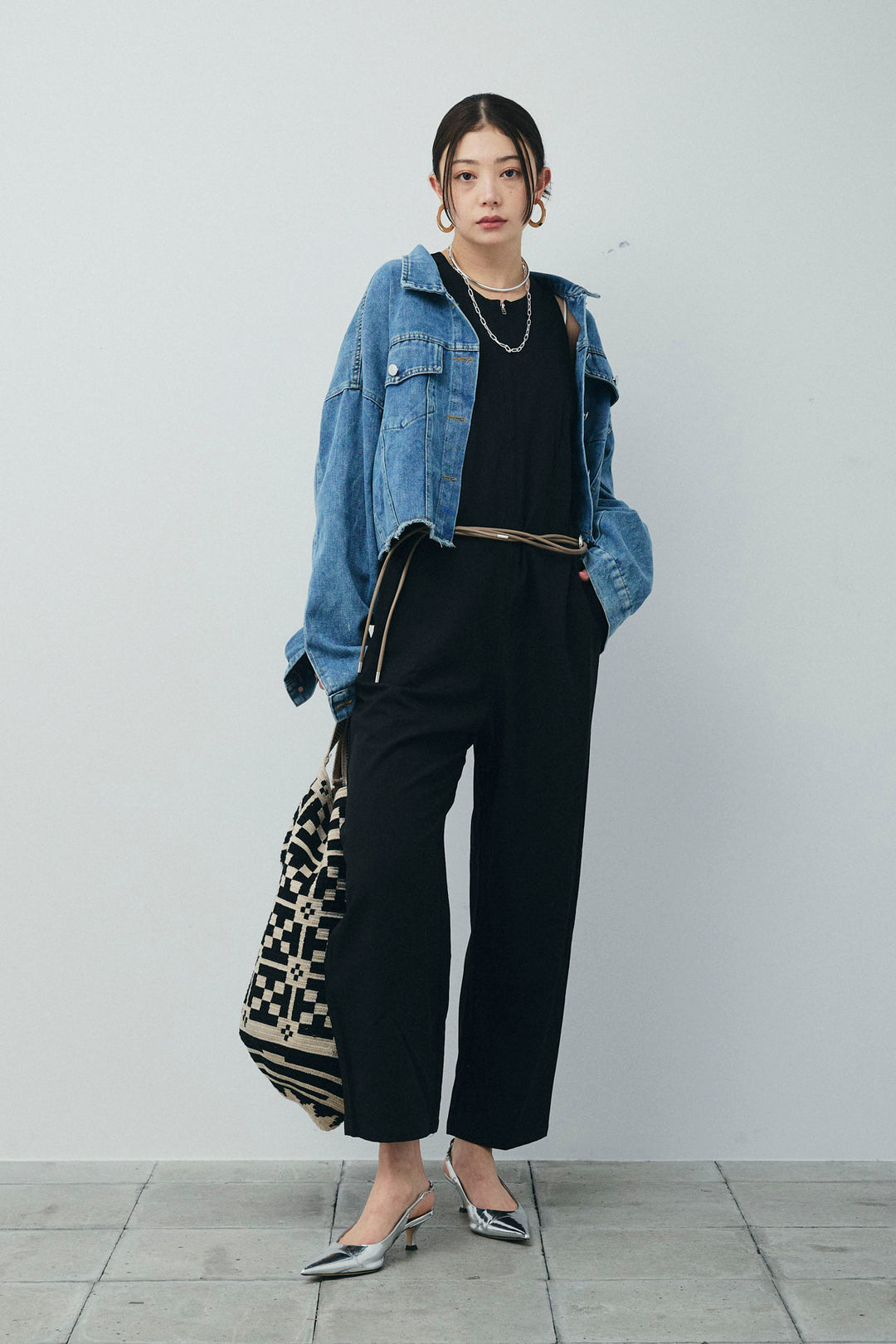 [予約/SET]カットオフショートデニムジャケット+アメリカンスリーブオールインワン(2set)