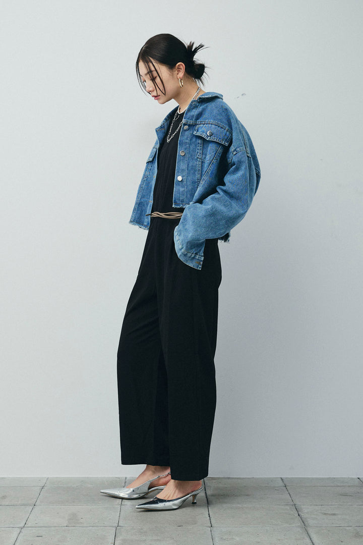 [予約/SET]カットオフショートデニムジャケット+アメリカンスリーブオールインワン(2set)