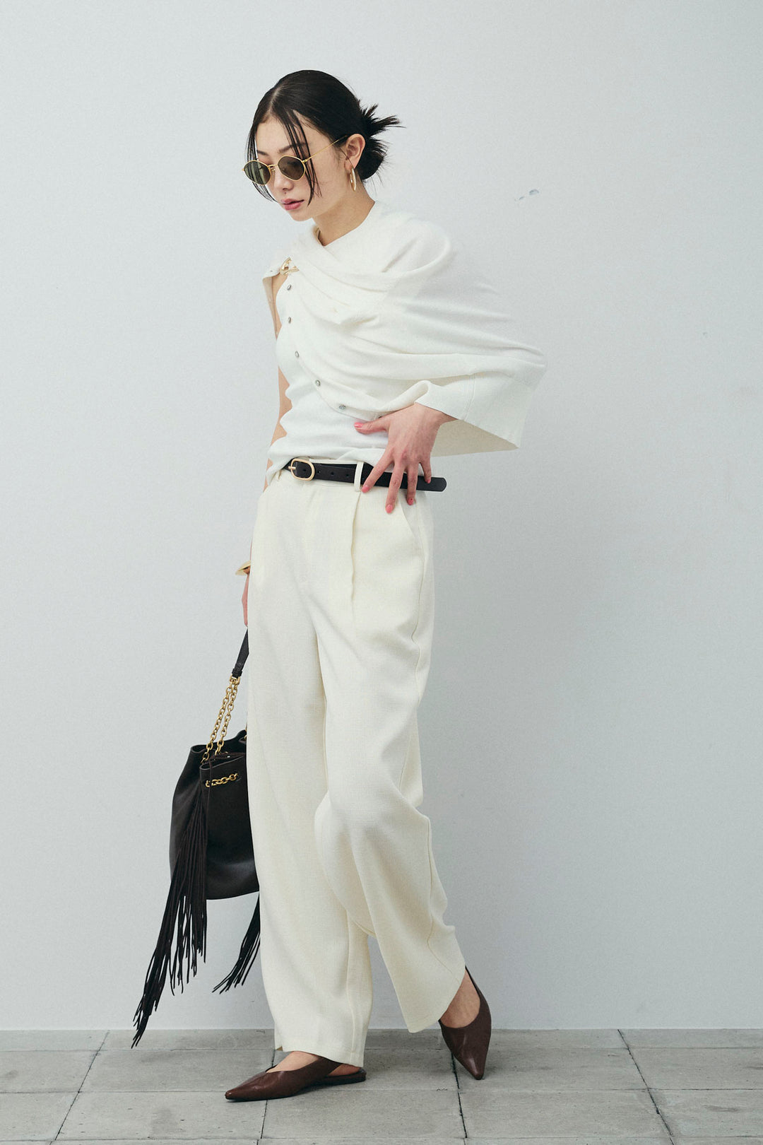 [予約/SET]シェルボタンクルーネックCD+ライトツイードタックワイドパンツ(2set)