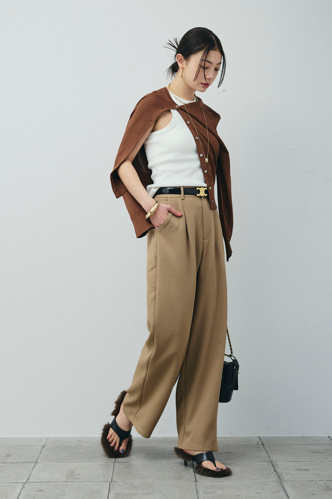 [予約/SET]シェルボタンクルーネックCD+ライトツイードタックワイドパンツ(2set)