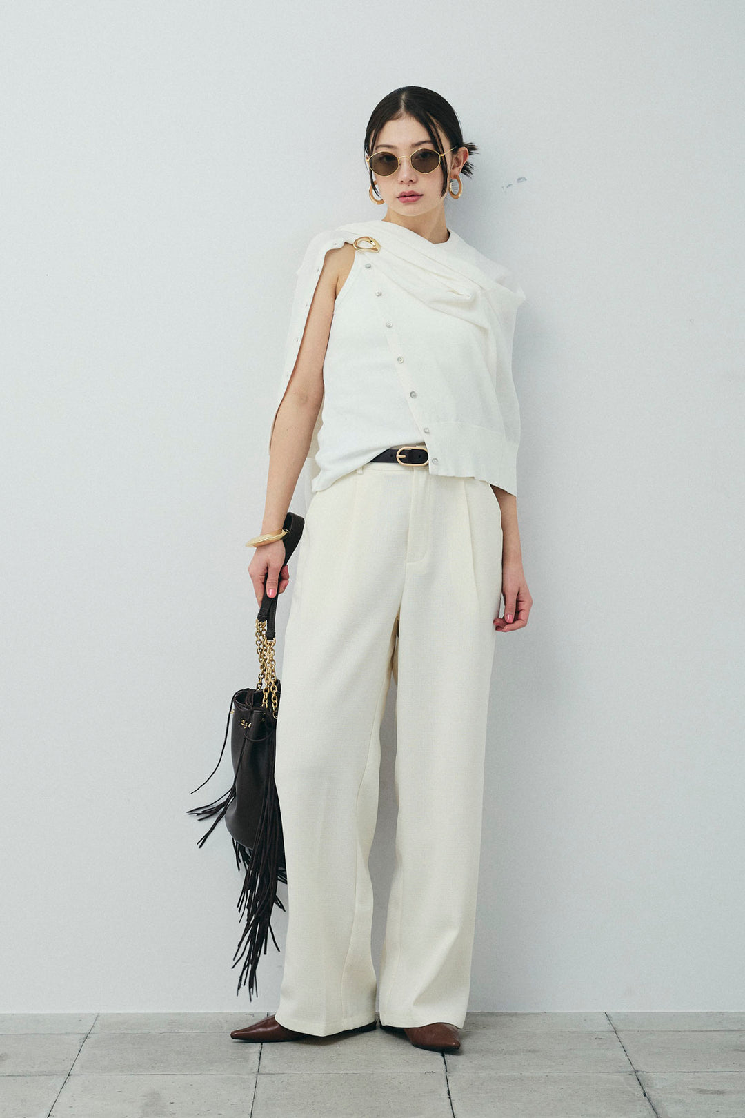 [予約/SET]シェルボタンクルーネックCD+ライトツイードタックワイドパンツ(2set)