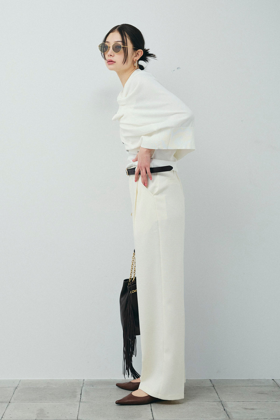 [予約/SET]シェルボタンクルーネックCD+ライトツイードタックワイドパンツ(2set)