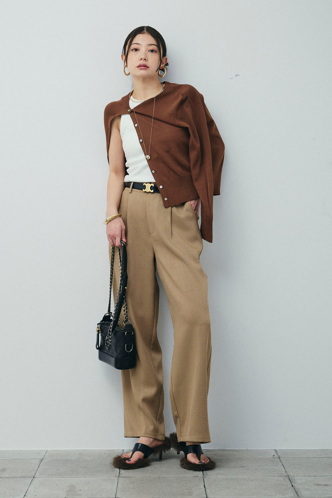 [予約/SET]シェルボタンクルーネックCD+ライトツイードタックワイドパンツ(2set)