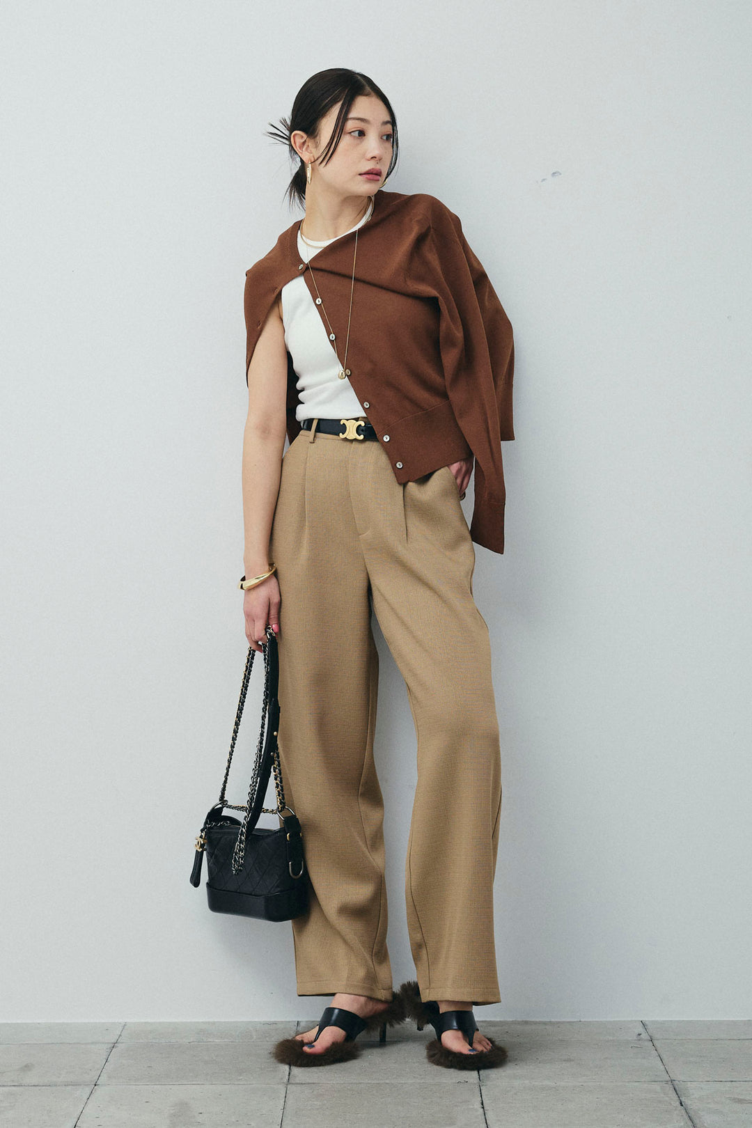 [予約/SET]シェルボタンクルーネックCD+ライトツイードタックワイドパンツ(2set)