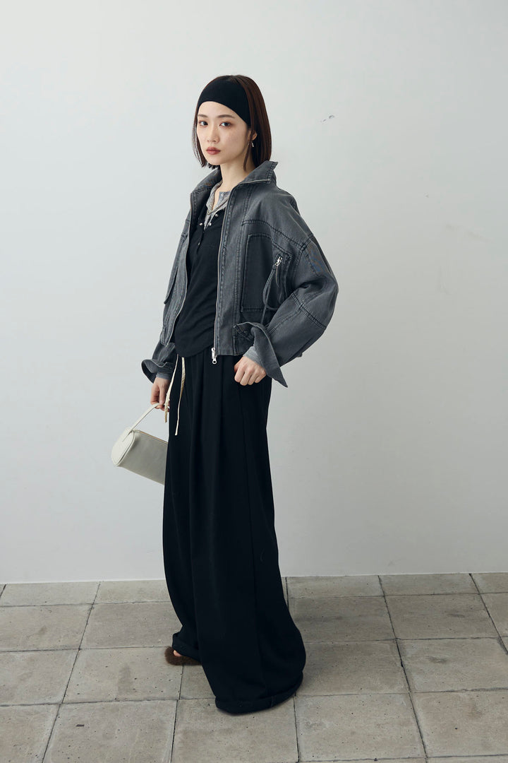 [予約/SET]ダブルウエストスウェットパンツ+スタンドカラーショート丈デニムブルゾン(2set)