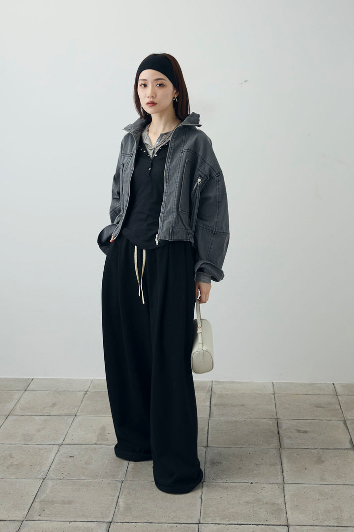 [予約/SET]ダブルウエストスウェットパンツ+スタンドカラーショート丈デニムブルゾン(2set)
