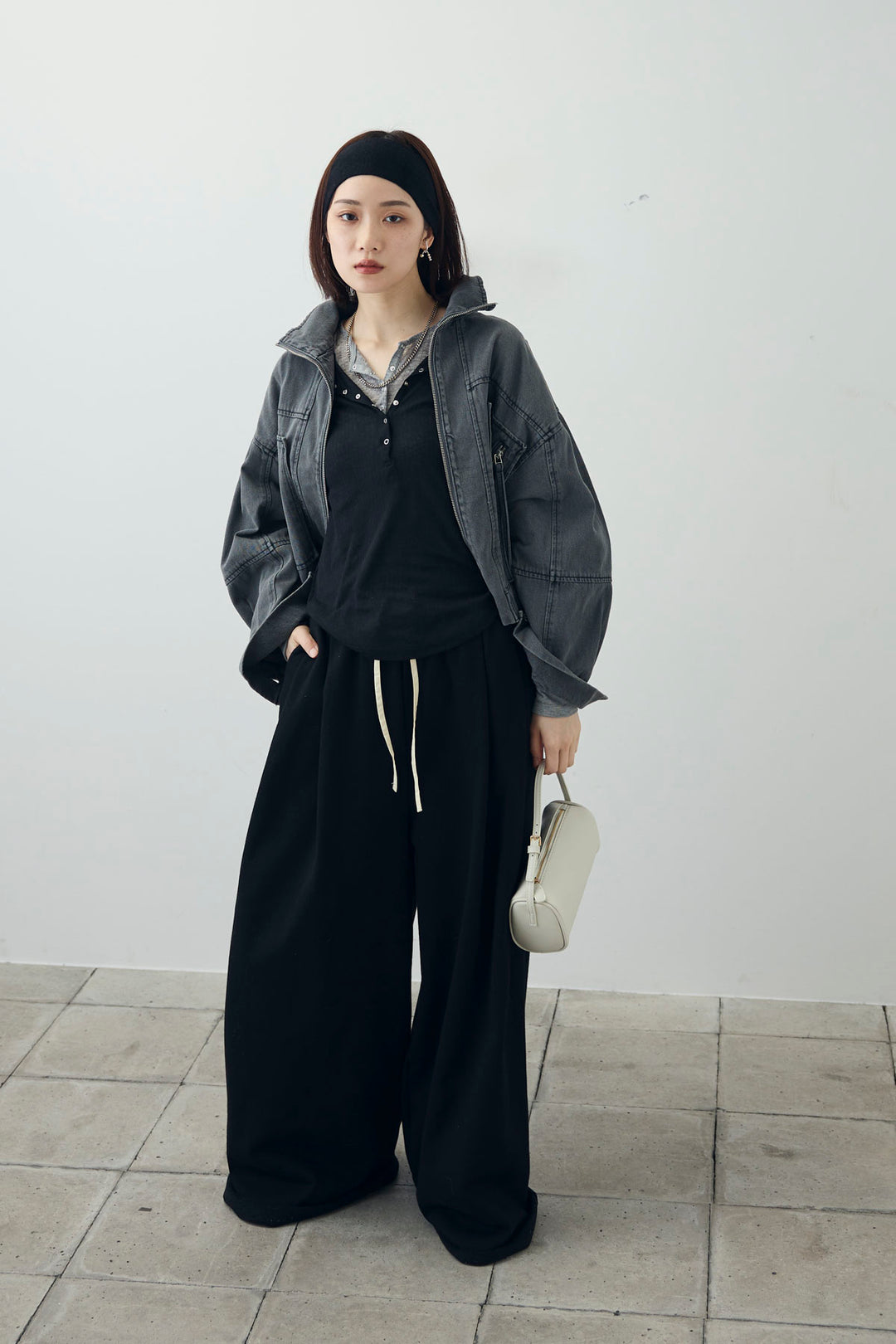 [予約/SET]ダブルウエストスウェットパンツ+スタンドカラーショート丈デニムブルゾン(2set)