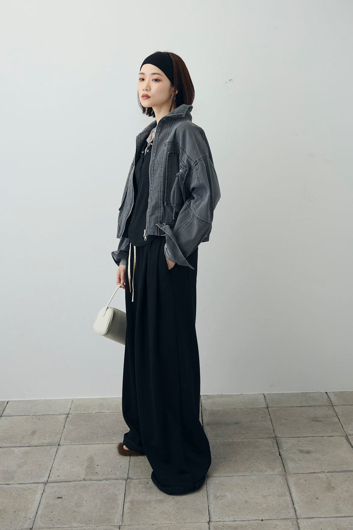 [予約/SET]シアーテレコヘンリーネックPO+ダブルウエストスウェットパンツ+スタンドカラーショート丈デニムブルゾン(3set)