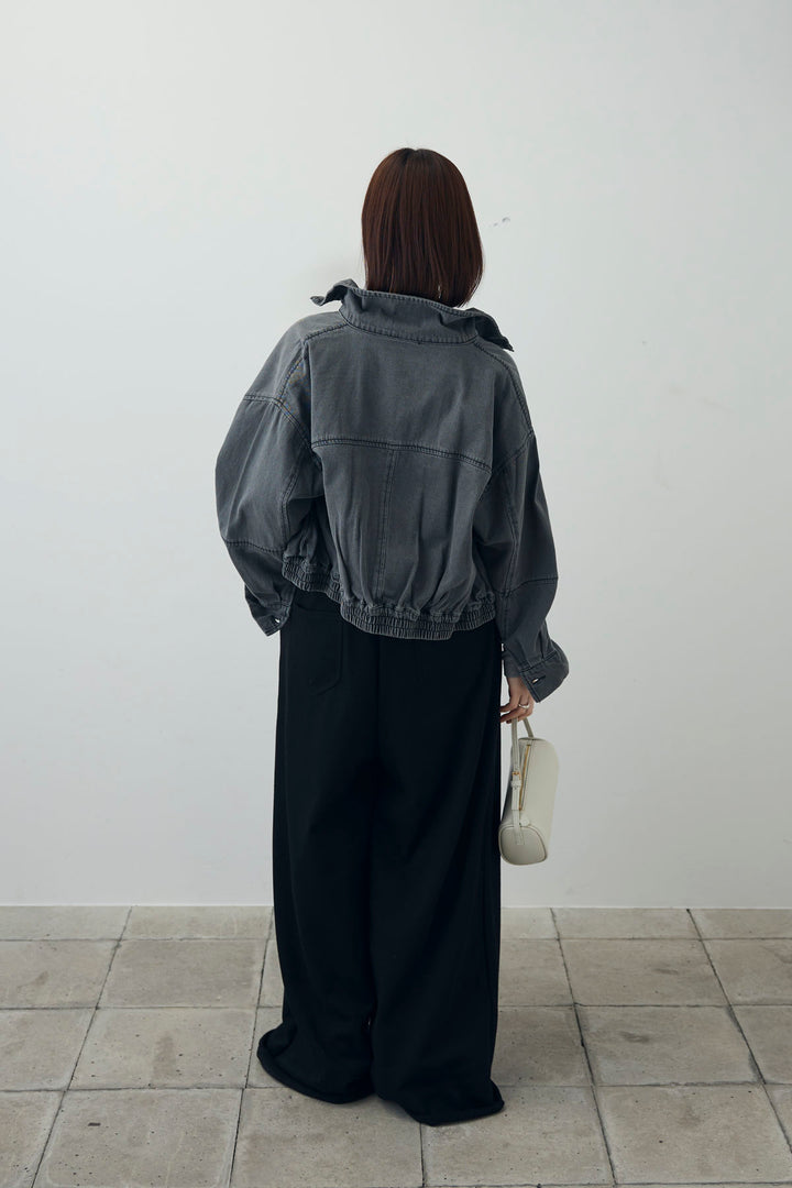 [予約/SET]ダブルウエストスウェットパンツ+スタンドカラーショート丈デニムブルゾン(2set)