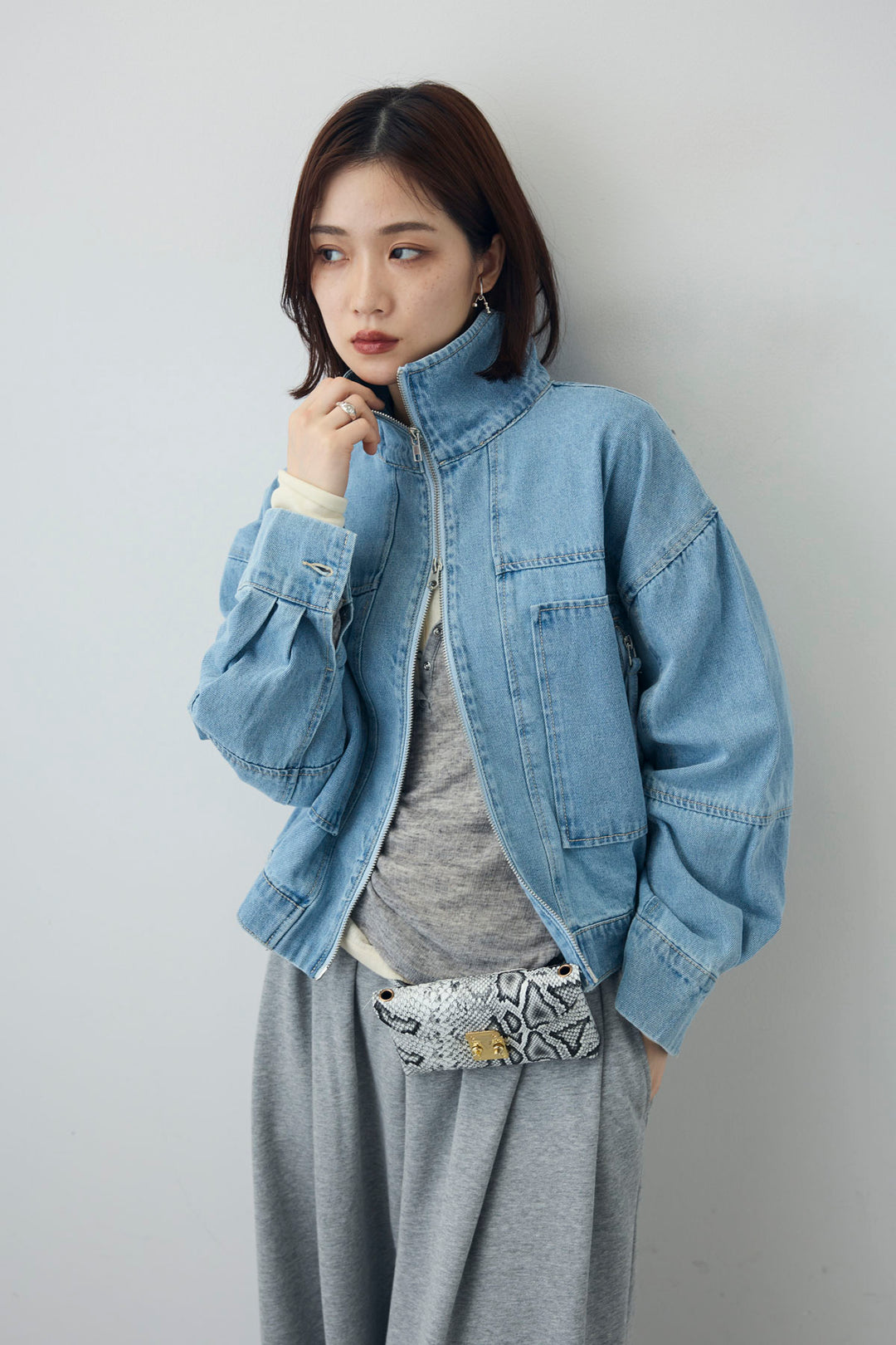 [予約/SET]ダブルウエストスウェットパンツ+スタンドカラーショート丈デニムブルゾン(2set)