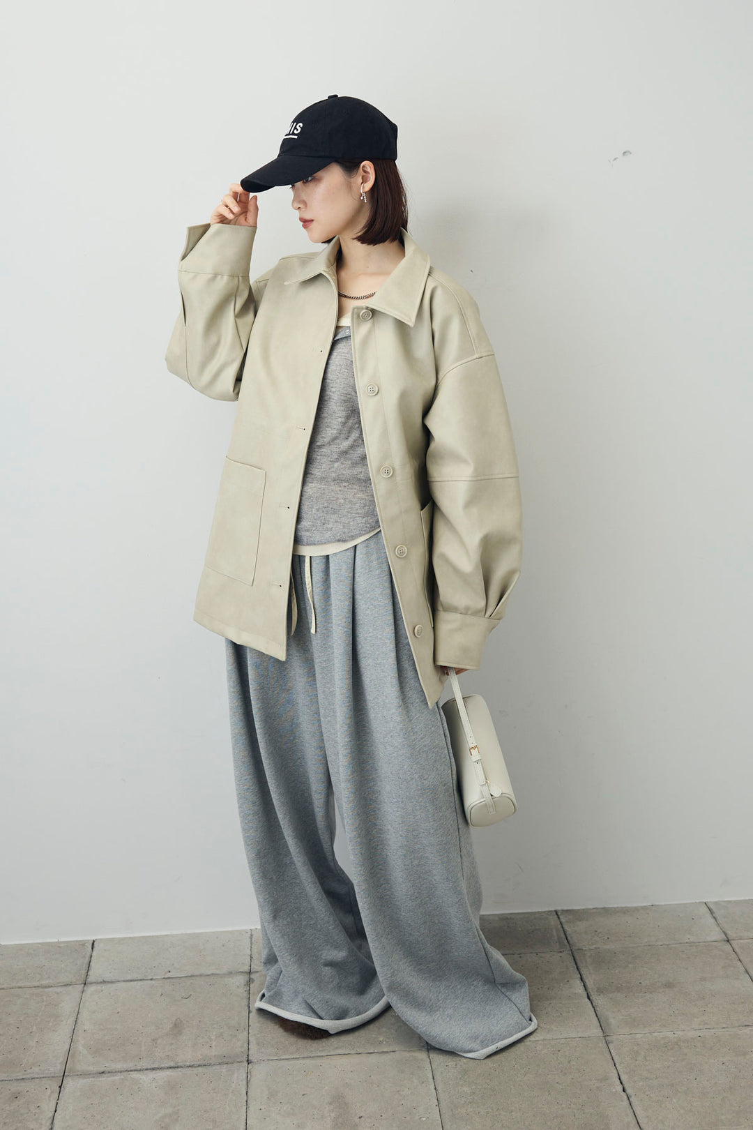 [予約/SET]ダブルウエストスウェットパンツ+フェイクレザー オーバーサイズ ダブルジップ ブルゾン(2set)