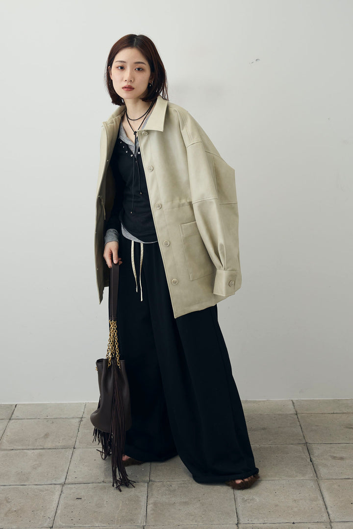 [予約/SET]シアーテレコヘンリーネックPO+ダブルウエストスウェットパンツ+フェイクレザー オーバーサイズ ダブルジップ ブルゾン(3set)