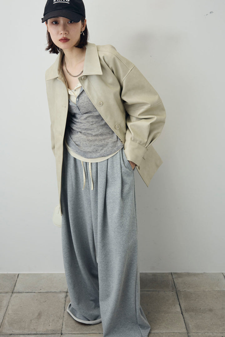 [予約/SET]シアーテレコヘンリーネックPO+ダブルウエストスウェットパンツ+フェイクレザー オーバーサイズ ダブルジップ ブルゾン(3set)