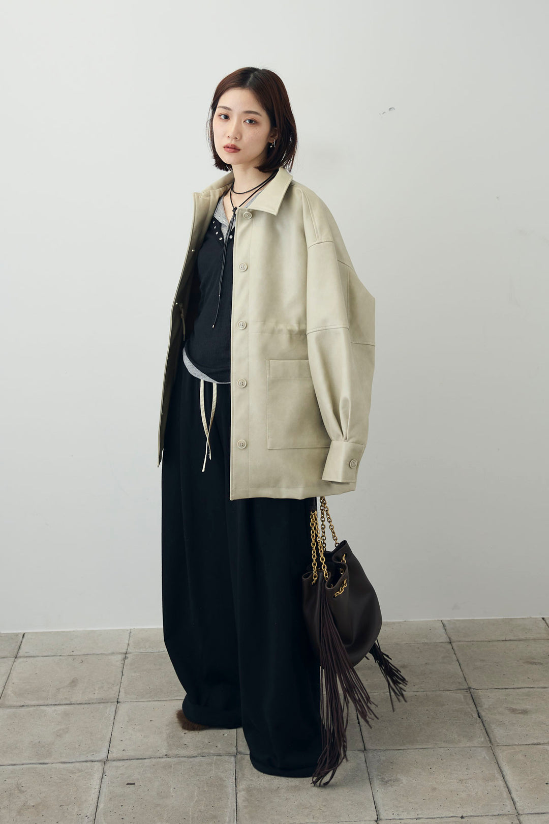 [予約/SET]シアーテレコヘンリーネックPO+フェイクレザー オーバーサイズ ダブルジップ ブルゾン(2set)