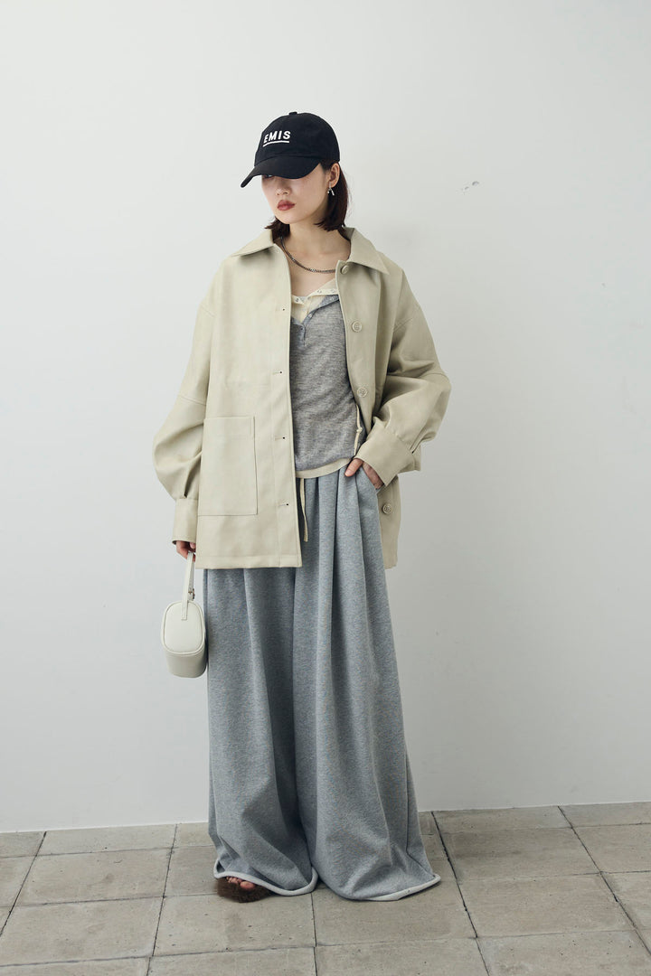 [予約/SET]ダブルウエストスウェットパンツ+フェイクレザー オーバーサイズ ダブルジップ ブルゾン(2set)