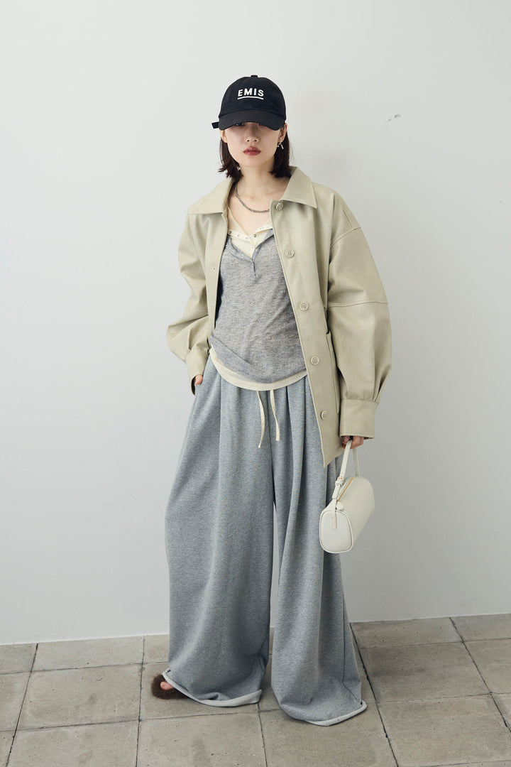 [予約/SET]ダブルウエストスウェットパンツ+フェイクレザー オーバーサイズ ダブルジップ ブルゾン(2set)