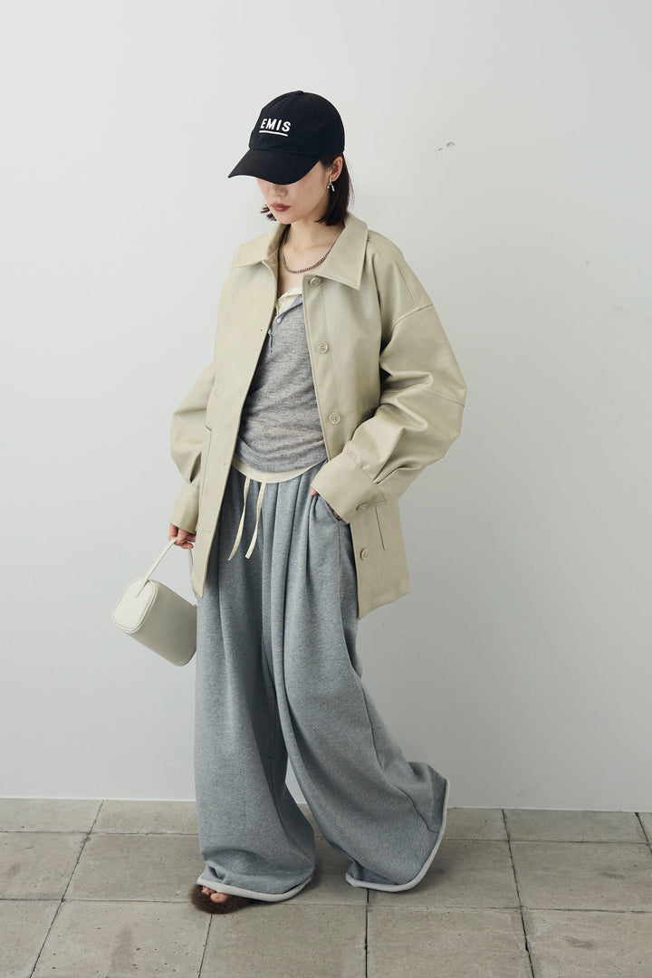 [予約/SET]シアーテレコヘンリーネックPO+ダブルウエストスウェットパンツ+フェイクレザー オーバーサイズ ダブルジップ ブルゾン(3set)