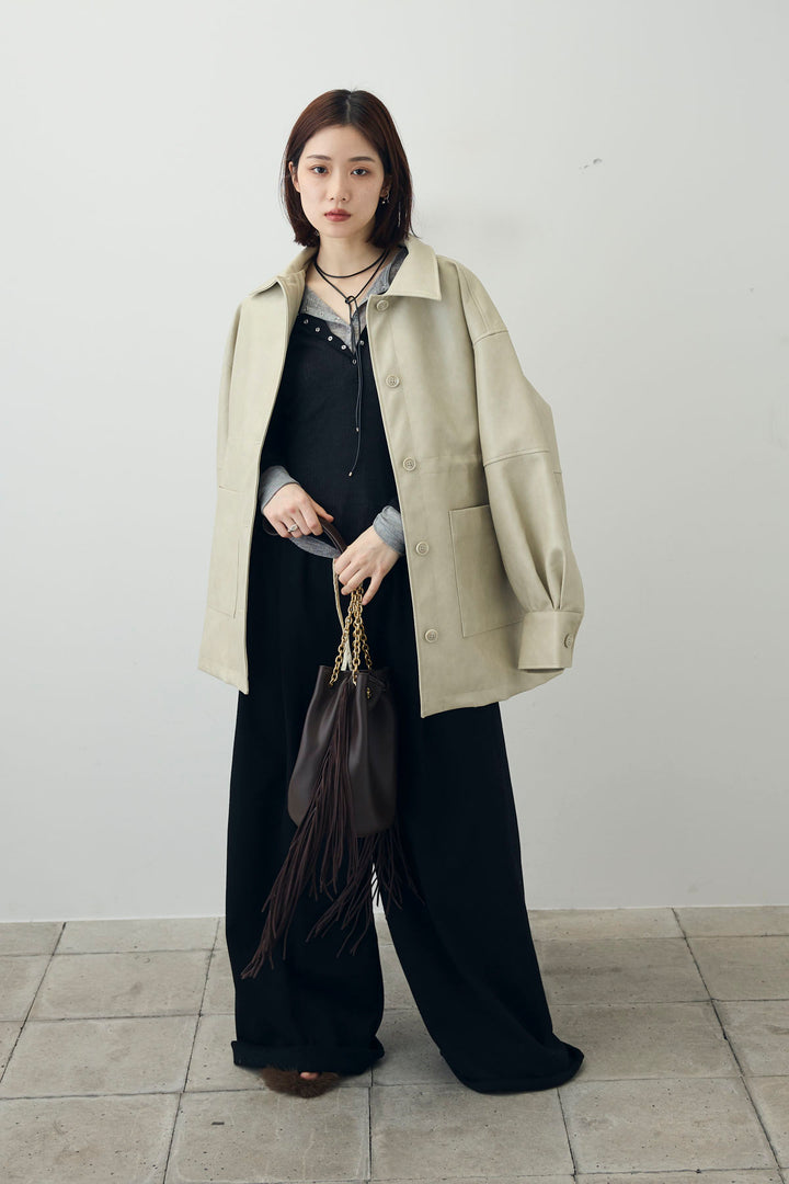 [予約/SET]ダブルウエストスウェットパンツ+フェイクレザー オーバーサイズ ダブルジップ ブルゾン(2set)