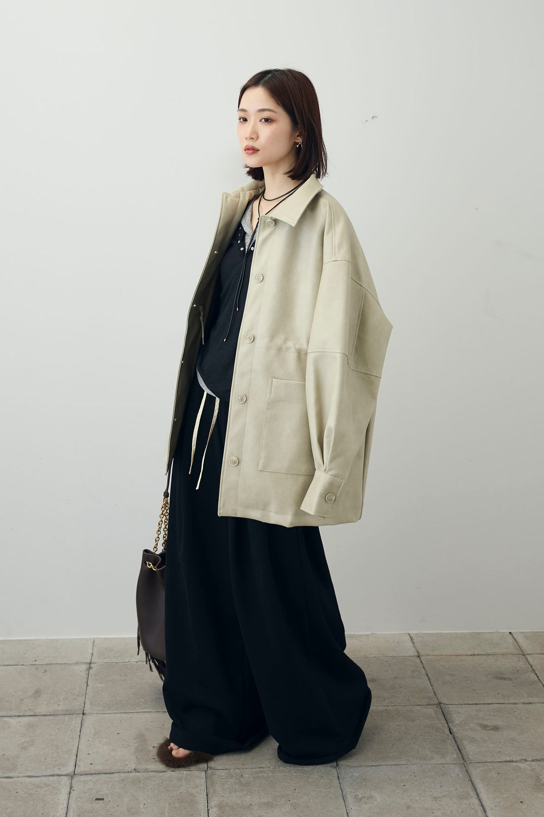 [予約/SET]シアーテレコヘンリーネックPO+フェイクレザー オーバーサイズ ダブルジップ ブルゾン(2set)