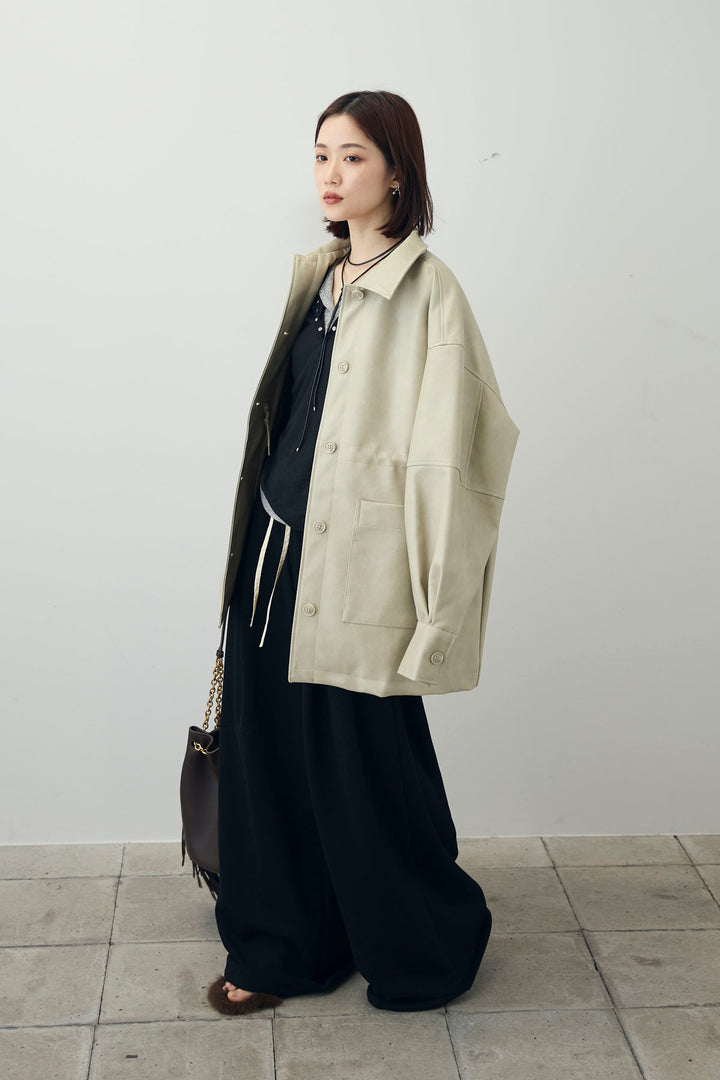 [予約/SET]シアーテレコヘンリーネックPO+フェイクレザー オーバーサイズ ダブルジップ ブルゾン(2set)