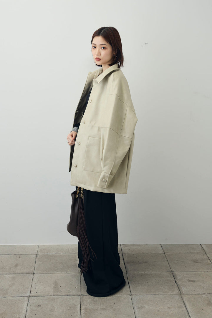 [予約/SET]ダブルウエストスウェットパンツ+フェイクレザー オーバーサイズ ダブルジップ ブルゾン(2set)