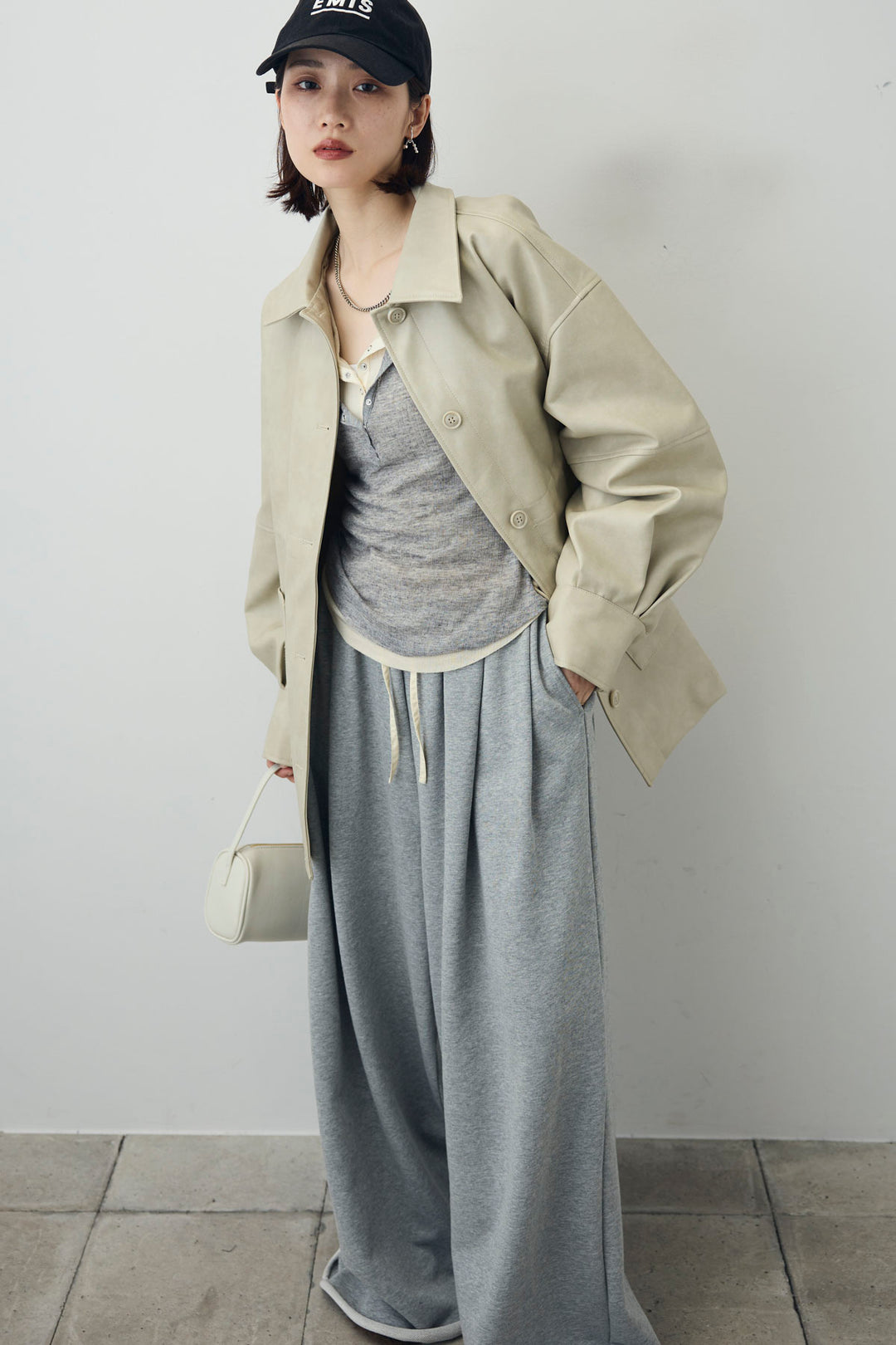 [予約/SET]ダブルウエストスウェットパンツ+フェイクレザー オーバーサイズ ダブルジップ ブルゾン(2set)