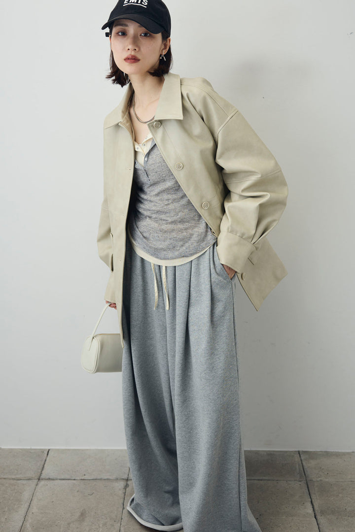 [予約/SET]ダブルウエストスウェットパンツ+フェイクレザー オーバーサイズ ダブルジップ ブルゾン(2set)