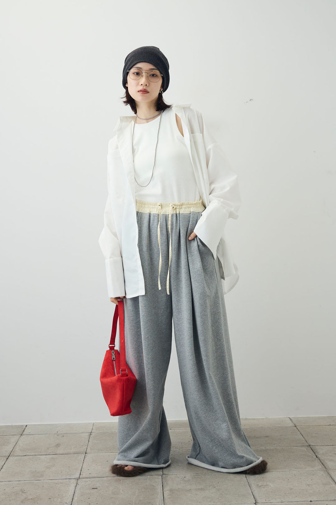 [予約/SET]ビッグカフスオーバーサイズシャツ+ダブルウエストスウェットパンツ(2set)