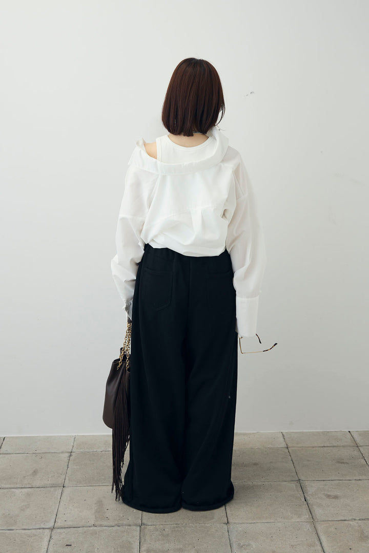 [予約/SET]カップ付きアメスリタンク+ビッグカフスオーバーサイズシャツ+ダブルウエストスウェットパンツ(3set)