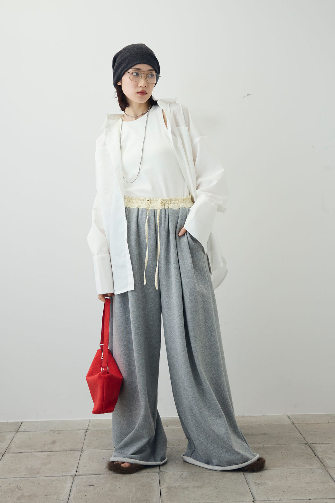 [予約/SET]ビッグカフスオーバーサイズシャツ+ダブルウエストスウェットパンツ(2set)