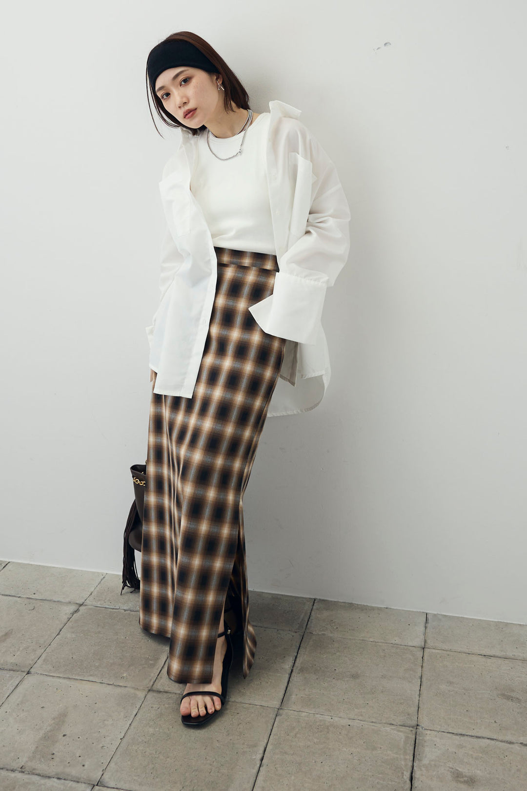 [予約/SET]ビッグカフスオーバーサイズシャツ+チェックストレートスカート(2set)
