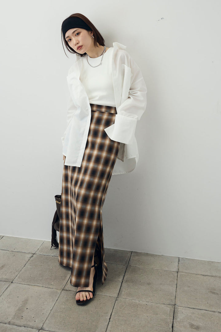 [予約/SET]ビッグカフスオーバーサイズシャツ+チェックストレートスカート(2set)