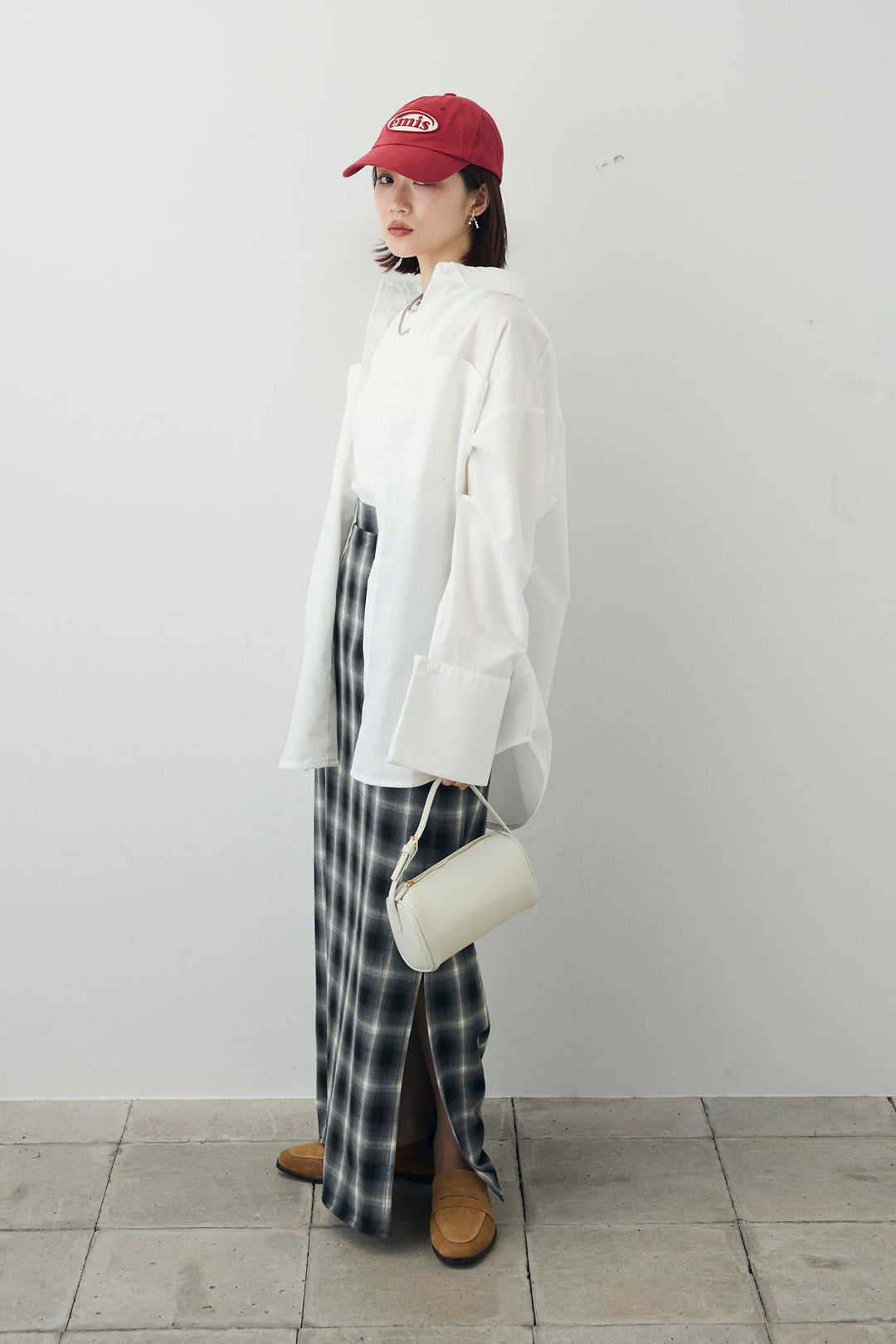 [予約/SET]ビッグカフスオーバーサイズシャツ+チェックストレートスカート(2set)