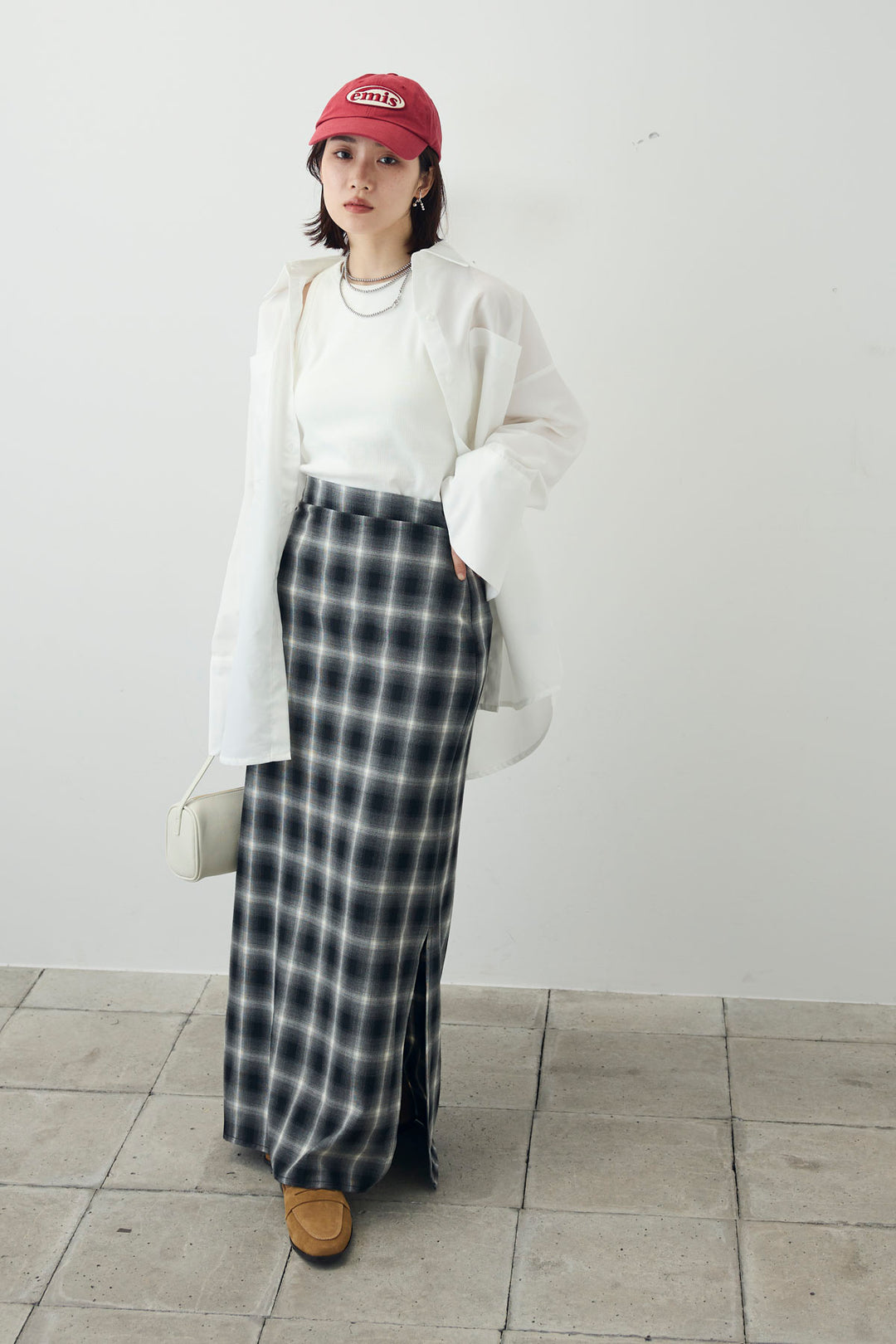 [予約/SET]カップ付きアメスリタンク+ビッグカフスオーバーサイズシャツ+チェックストレートスカート(3set)