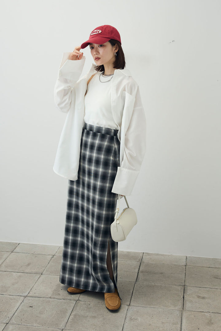 [予約/SET]カップ付きアメスリタンク+ビッグカフスオーバーサイズシャツ+チェックストレートスカート(3set)