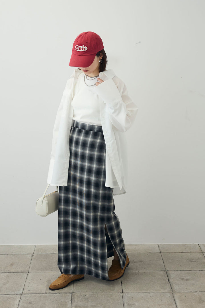 [予約/SET]カップ付きアメスリタンク+ビッグカフスオーバーサイズシャツ+チェックストレートスカート(3set)