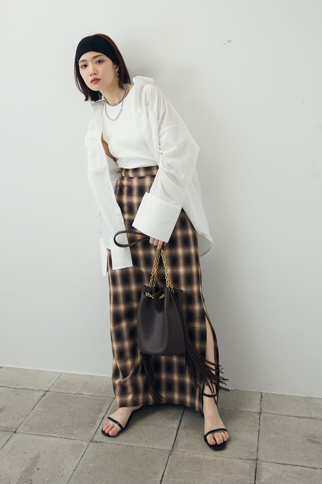 [予約/SET]カップ付きアメスリタンク+ビッグカフスオーバーサイズシャツ+チェックストレートスカート(3set)