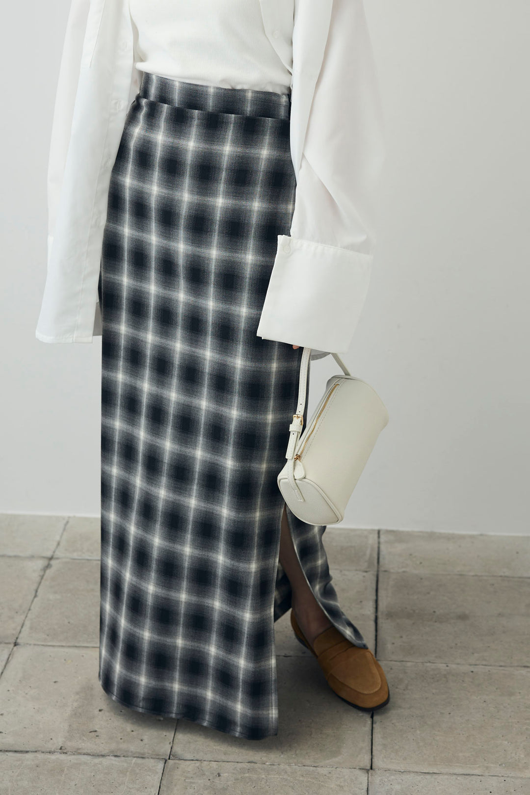 [予約/SET]カップ付きアメスリタンク+ビッグカフスオーバーサイズシャツ+チェックストレートスカート(3set)