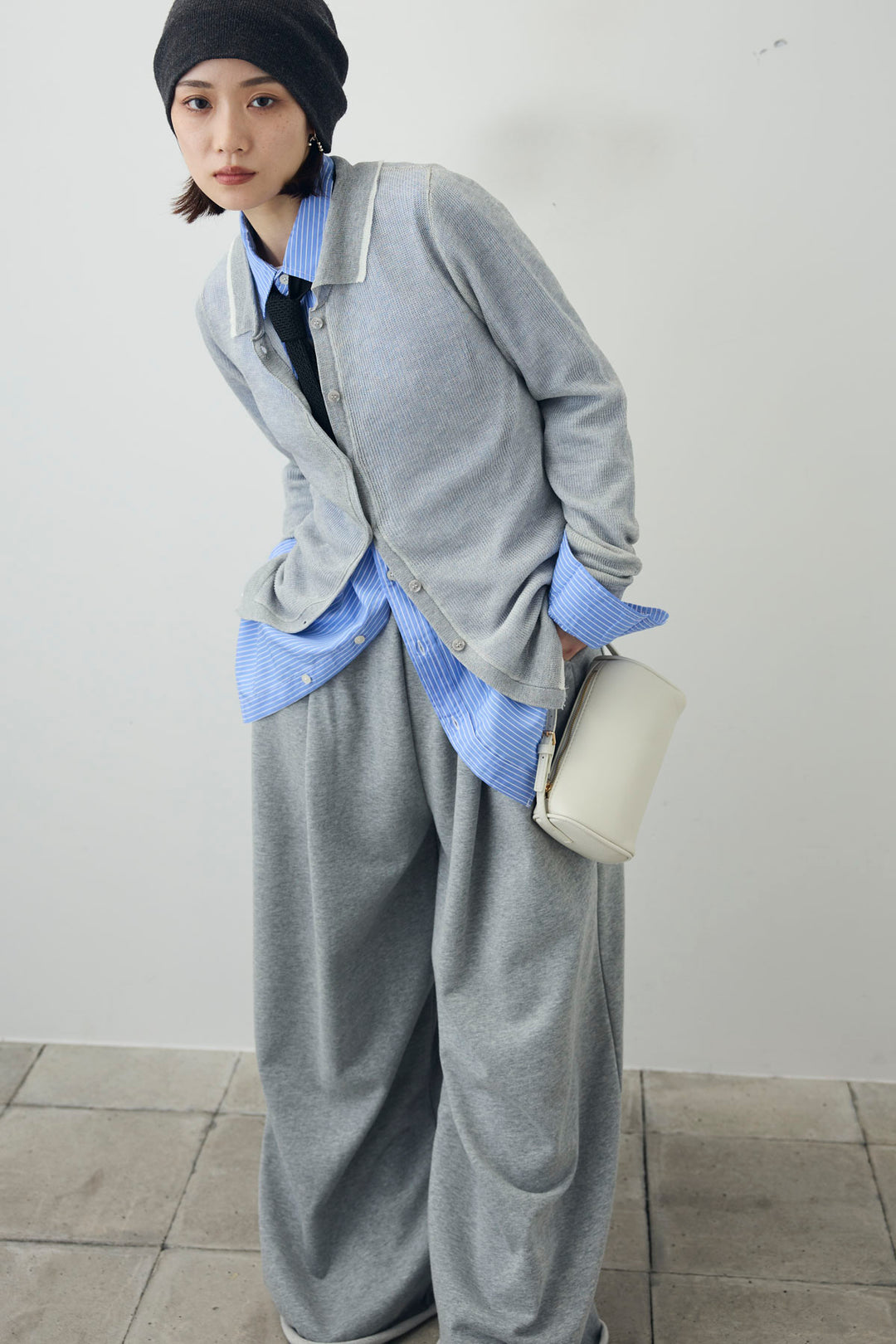 [予約/SET]ストライプシャツ+リネンタッチポロニットカーデ(2set)