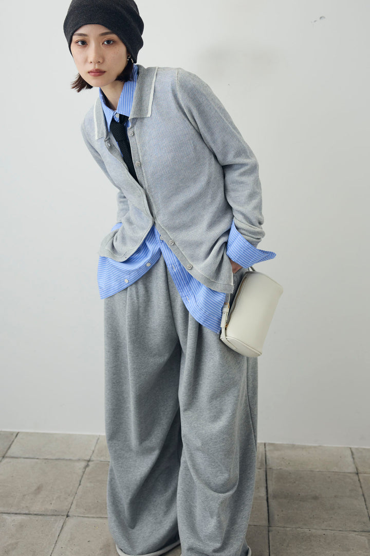 [予約/SET]ストライプシャツ+リネンタッチポロニットカーデ(2set)