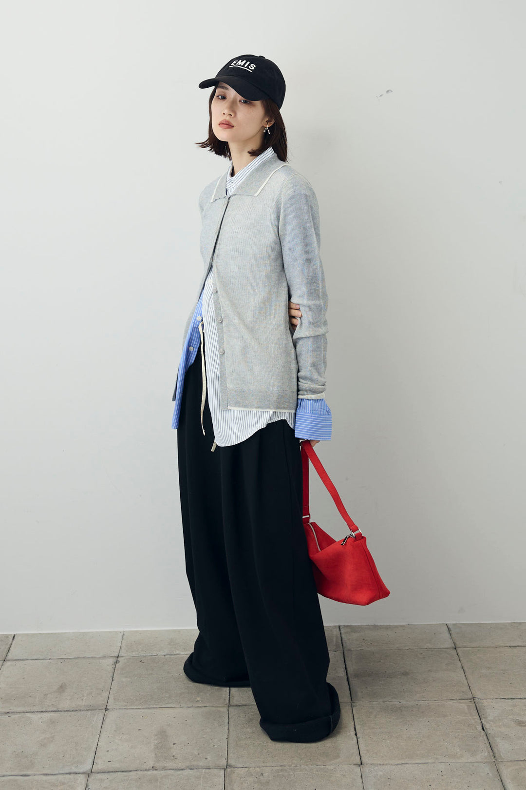 [予約/SET]ストライプシャツ+リネンタッチポロニットカーデ+ダブルウエストスウェットパンツ(3set)