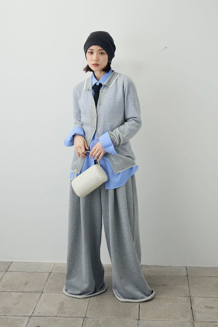 [予約/SET]ストライプシャツ+リネンタッチポロニットカーデ+ダブルウエストスウェットパンツ(3set)